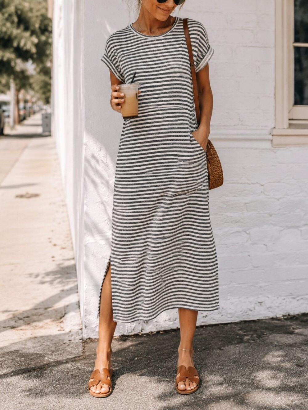 Mercer & Madison Black White Striped Cotton Midi Dress Oversized Slit Casual